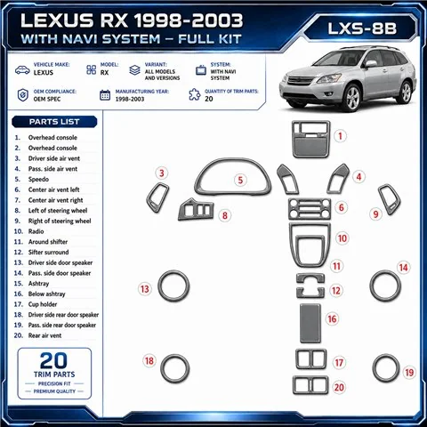 Lexus RX 1998-2003 avec navigation system, conformité OEM, 20 pièces kit décoration intérieure tableau de bord