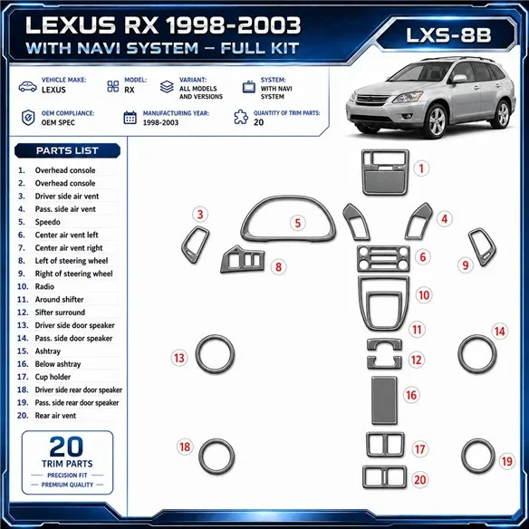 Lexus RX 1998-2003 avec navigation system, conformité OEM, 20 pièces kit décoration intérieure tableau de bord