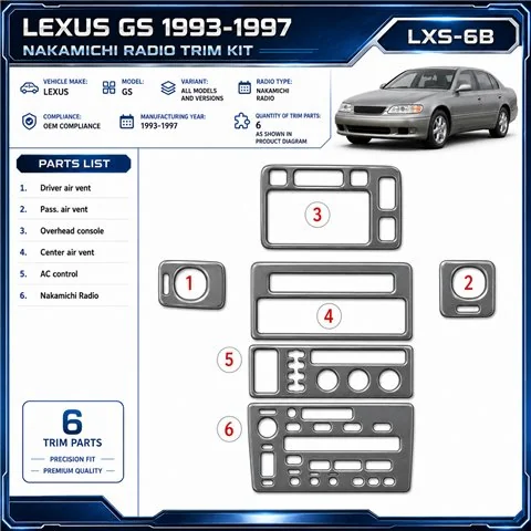 Lexus GS 1993-1997 Nakamichi Radio, conformité OEM, 6 pièces kit décoration intérieure tableau de bord
