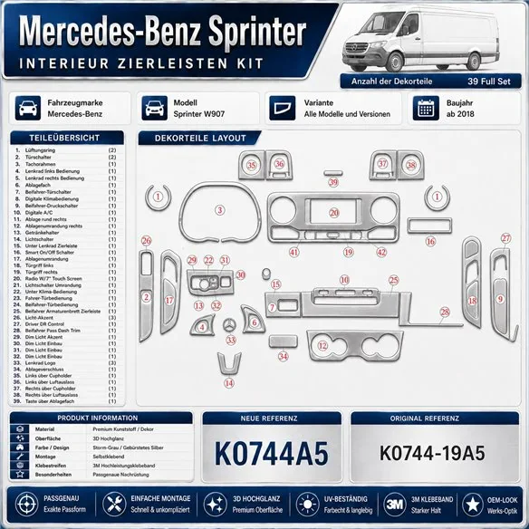 Mercedes Sprinter W907 kit décoration intérieure tableau de bord 39 pièces