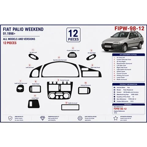 Fiat Palio Weekend 1998-2002 kit décor tableau de bord 3D, 12 pièces 2