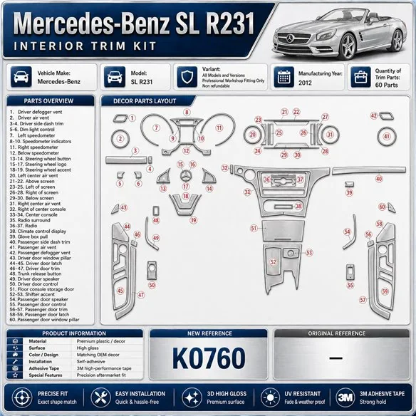 Mercedes SL R231 2012 kit décoration intérieure tableau de bord 60 pièces