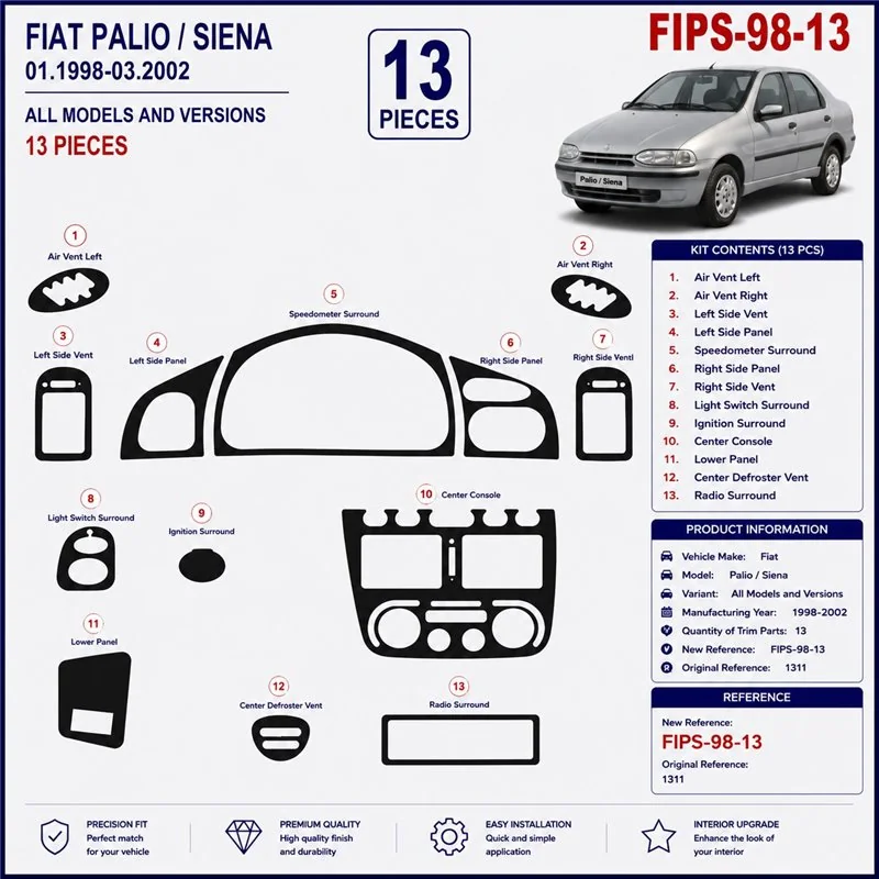 Fiat Palio-Siena 1998-2002 kit décor tableau de bord 3D, 13 pièces