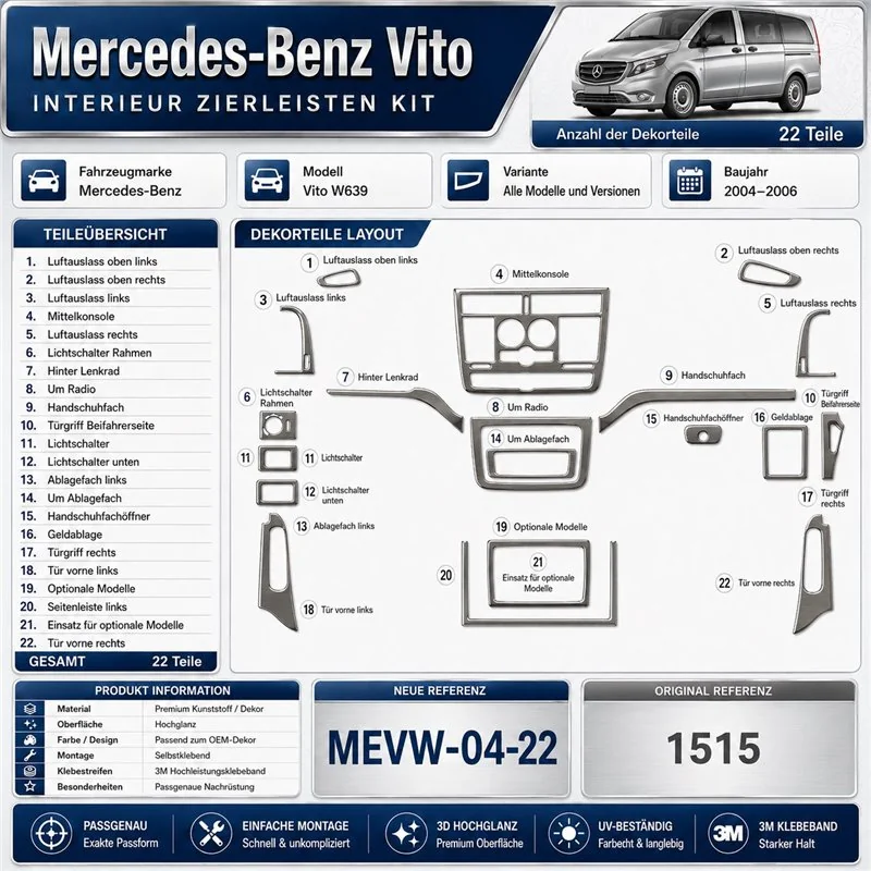Mercedes Vito W639 2004-2006 3D kit décoration intérieure tableau de bord 22 pièces