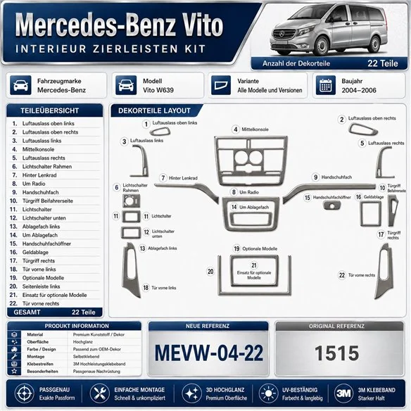 Mercedes Vito W639 2004-2006 3D kit décoration intérieure tableau de bord 22 pièces