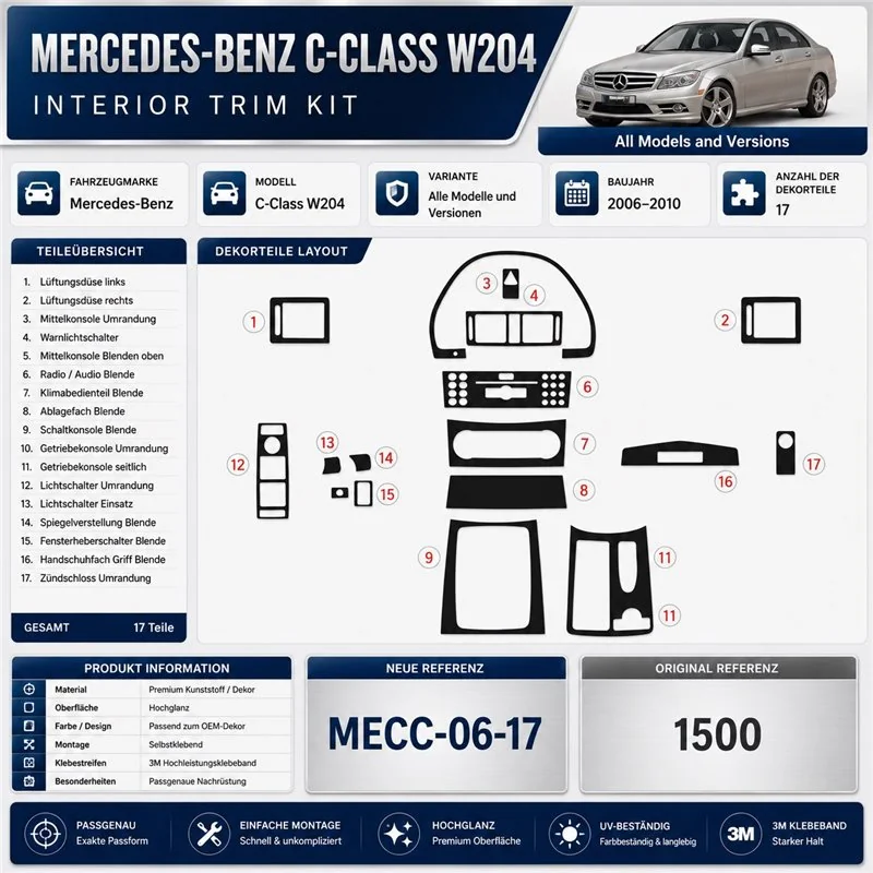 Mercedes C-Class W204 2006 - à aujourd’hui 3D kit décoration intérieure tableau de bord 17 pièces