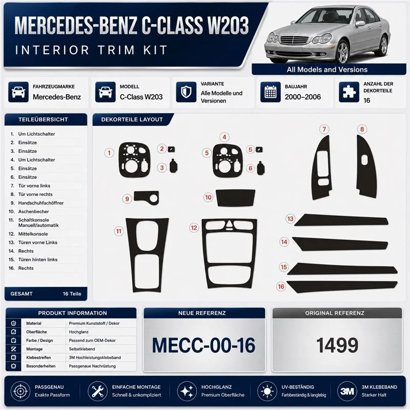 Mercedes C-Class W203 2000-2006 3D kit décoration intérieure tableau de bord 16 pièces