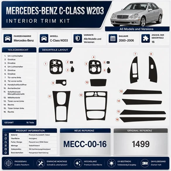 Mercedes C-Class W203 2000-2006 3D kit décoration intérieure tableau de bord 16 pièces