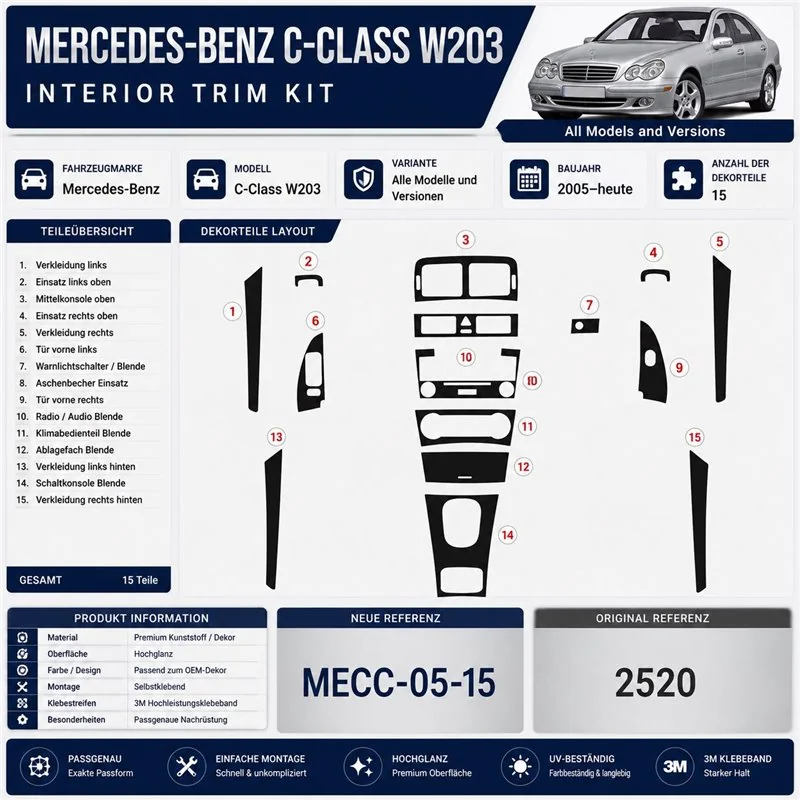 Mercedes C-Class W203 2005 - à aujourd’hui 3D kit décoration intérieure tableau de bord 15 pièces