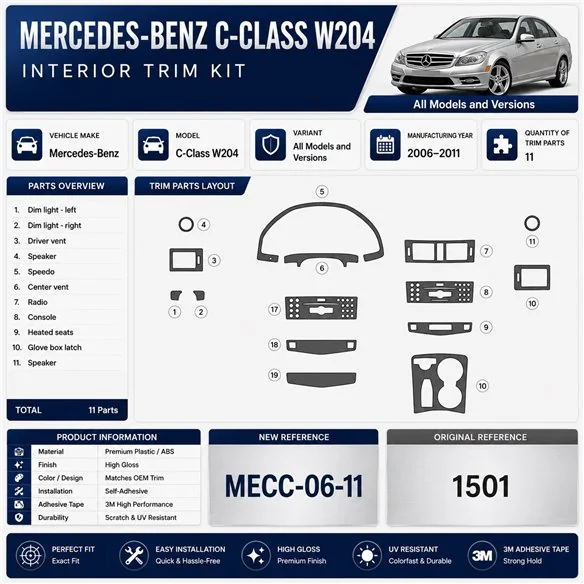 Mercedes C-Class W204 2006-2011 3D kit décoration intérieure tableau de bord 11 pièces