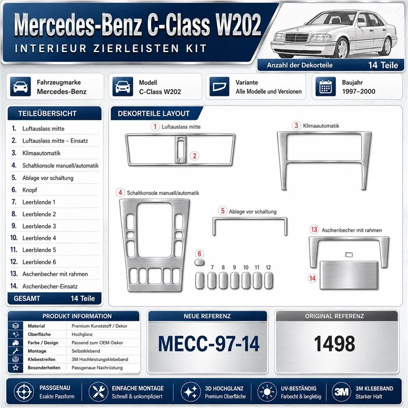 Mercedes C-Class W202 1997-2000 3D kit décoration intérieure tableau de bord 14 pièces