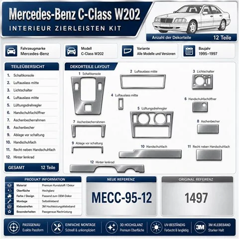 Mercedes C-Class W202 1995-1997 kit décor tableau de bord 3D, 12 pièces 2