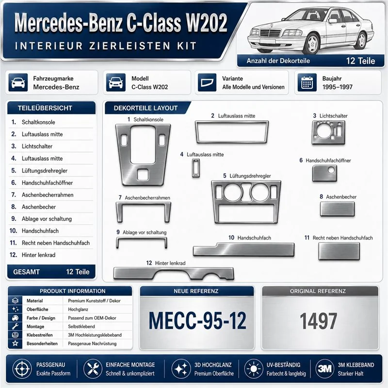 Mercedes C-Class W202 1995-1997 3D kit décoration intérieure tableau de bord 12 pièces
