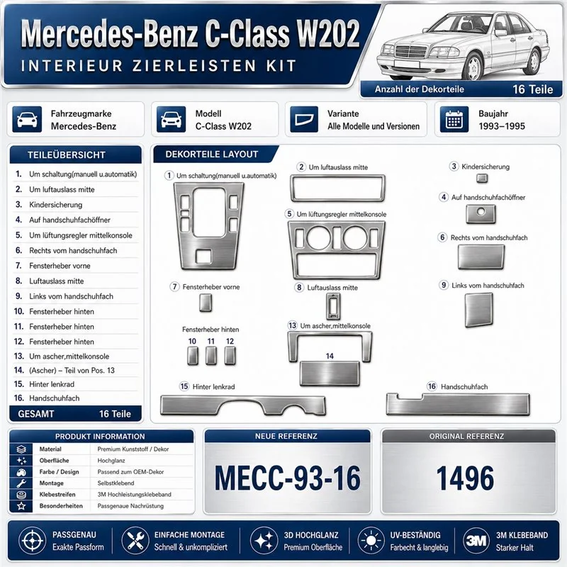 Mercedes C-Class W202 1993-1995 3D kit décoration intérieure tableau de bord 16 pièces