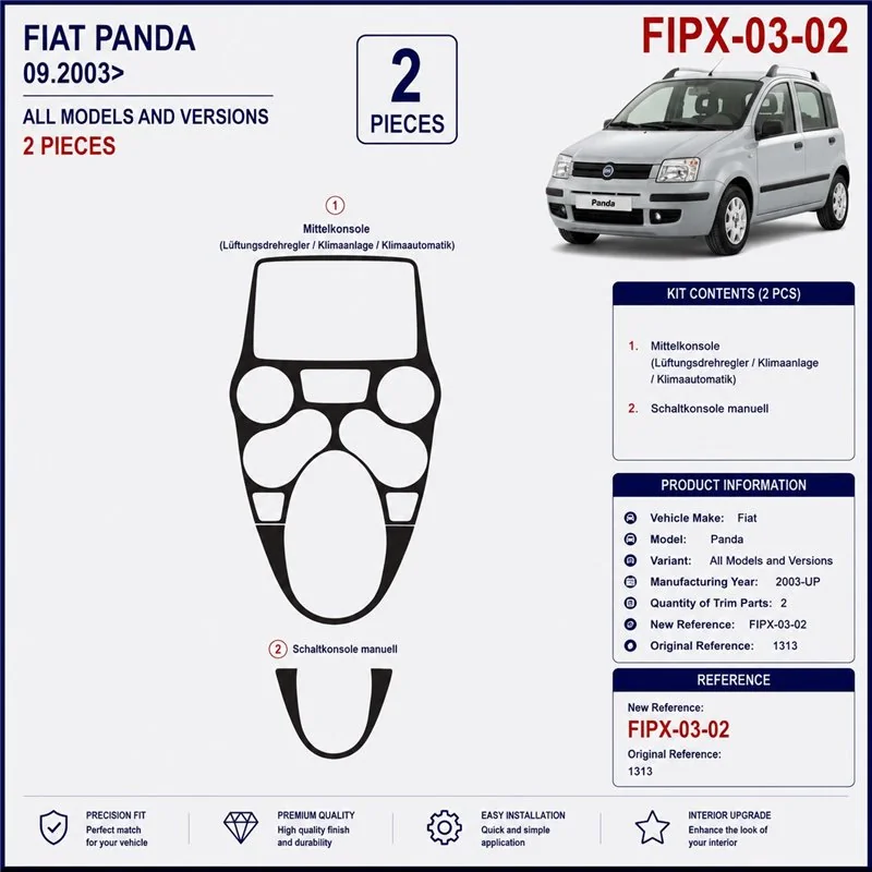 Fiat Panda 2003+ kit décor tableau de bord 3D, 2 pièces
