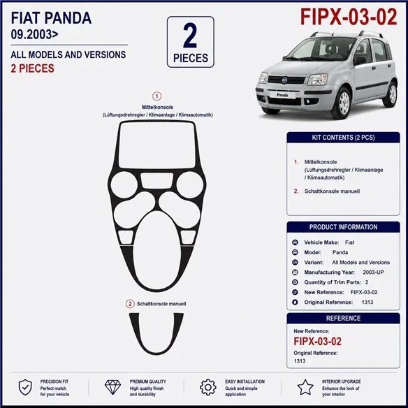 Fiat Panda 2003+ kit décor tableau de bord 3D, 2 pièces