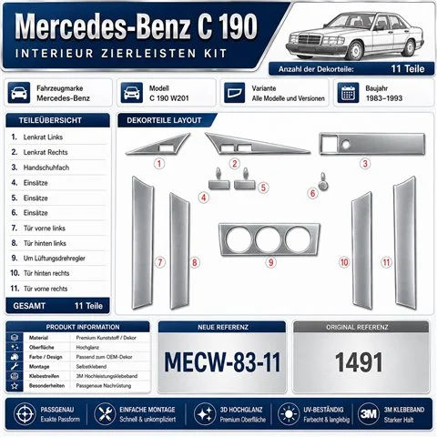 Mercedes C 190 W201 1983-1993 kit décor tableau de bord 3D, 11 pièces 2