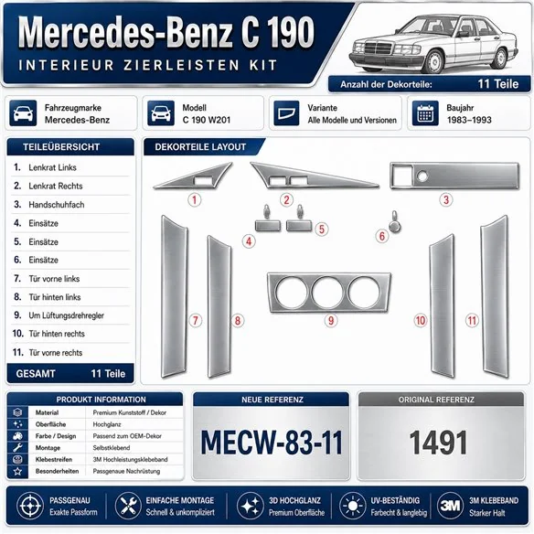 Mercedes C 190 W201 1983-1993 3D kit décoration intérieure tableau de bord 11 pièces
