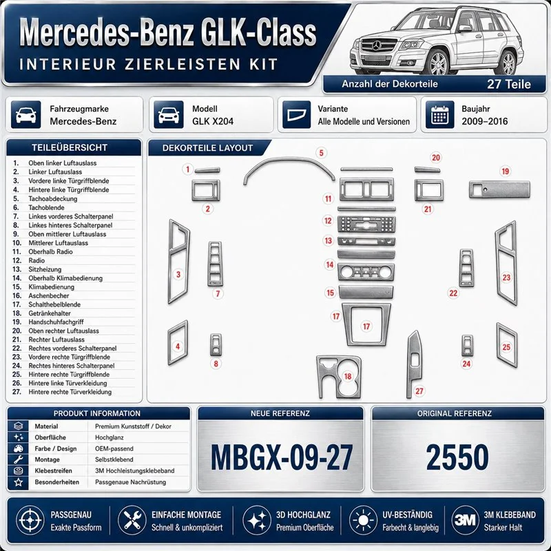 Mercedes-Benz GLK X204 2009-2016 3D kit décoration intérieure tableau de bord 27 pièces