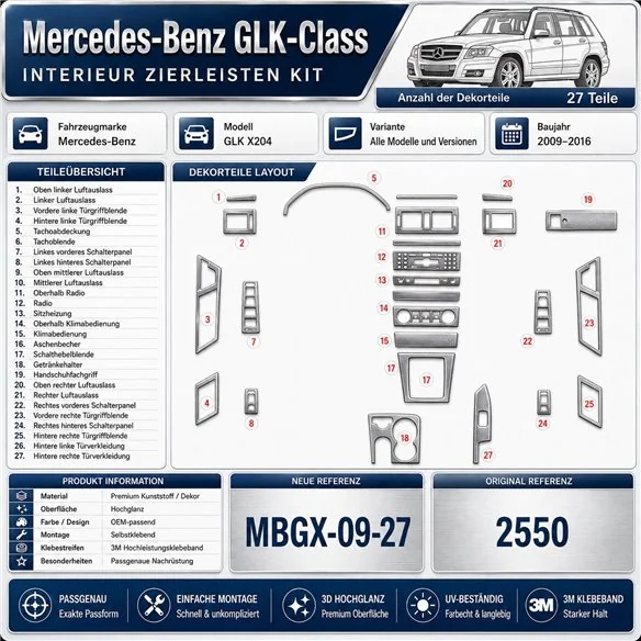 Mercedes-Benz GLK X204 2009-2016 3D kit décoration intérieure tableau de bord 27 pièces