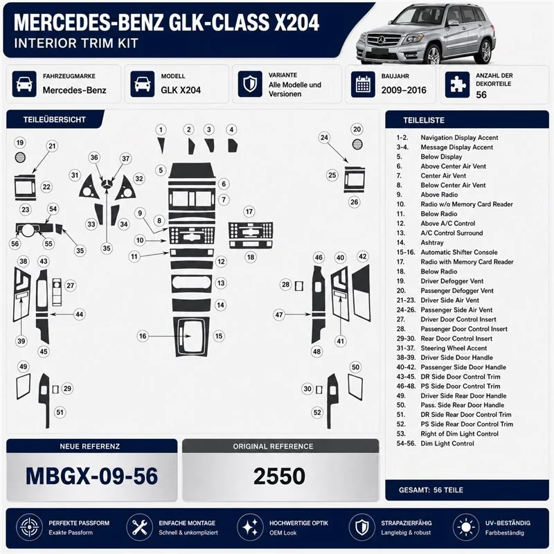 Mercedes-Benz GLK X204 2009-2016 3D kit décoration intérieure tableau de bord 56 pièces