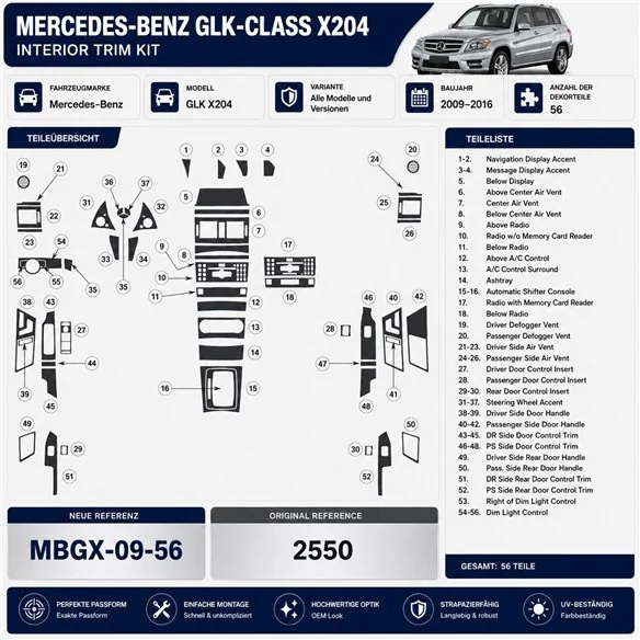 Mercedes-Benz GLK X204 2009-2016 3D kit décoration intérieure tableau de bord 56 pièces