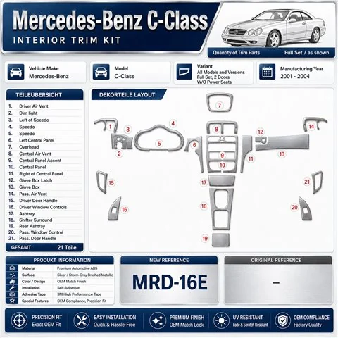 Mercedes Benz C Class 2001-2004 kit complet, 2 portes, conformité OEM, W/O Power Seats kit décoration intérieure tableau de bord