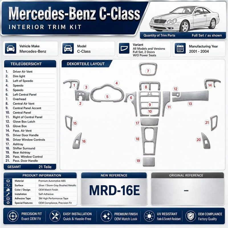 Mercedes Benz C Class 2001-2004 kit complet, 2 portes, conformité OEM, W/O Power Seats kit décoration intérieure tableau de bord