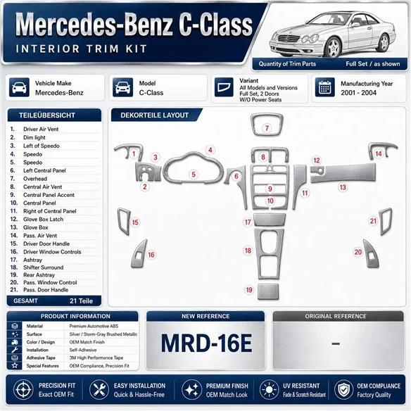 Mercedes Benz C Class 2001-2004 kit complet, 2 portes, conformité OEM, W/O Power Seats kit décoration intérieure tableau de bord