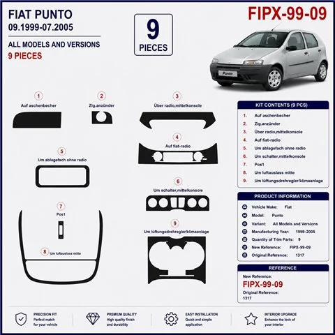 Fiat Punto 1999-2005 kit décor tableau de bord 3D, 9 pièces 2