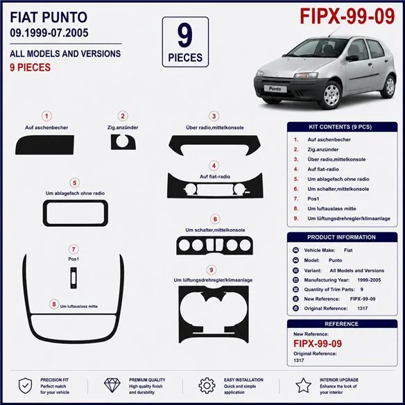 Fiat Punto 1999-2005 kit décor tableau de bord 3D, 9 pièces