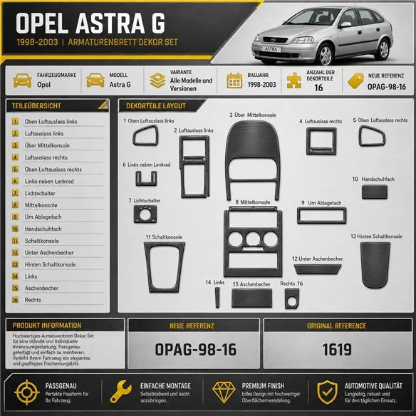 Opel Astra G 1998-2003 3D kit décoration intérieure tableau de bord 16 pièces