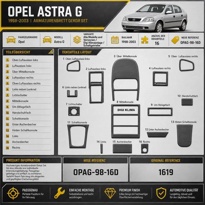 Opel Astra G 1998-2003 DIGI 3D kit décoration intérieure tableau de bord 16 pièces