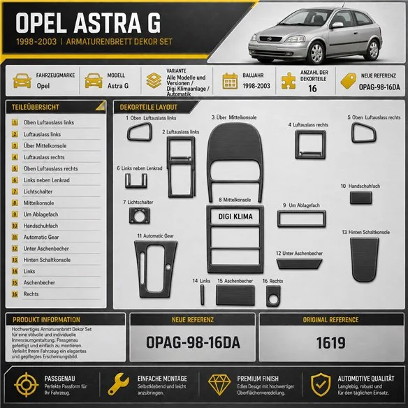 Opel Astra G 1998-2003 DIGI AUT 3D kit décoration intérieure tableau de bord 16 pièces