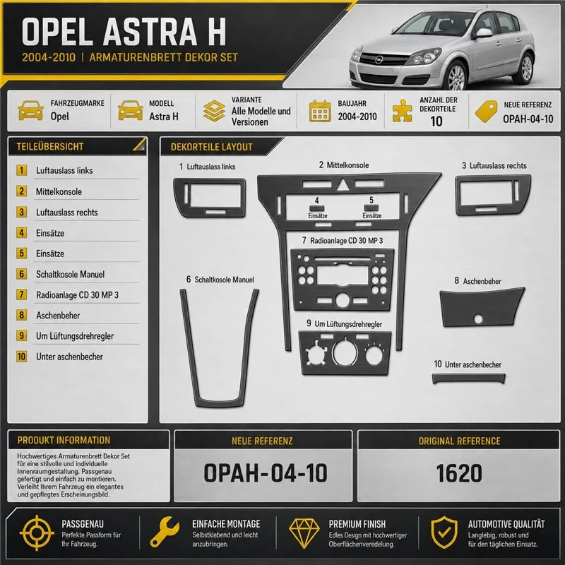 Opel Astra H 2004-2010 3D kit décoration intérieure tableau de bord 10 pièces