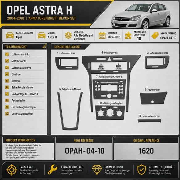 Opel Astra H 2004-2010 3D kit décoration intérieure tableau de bord 10 pièces