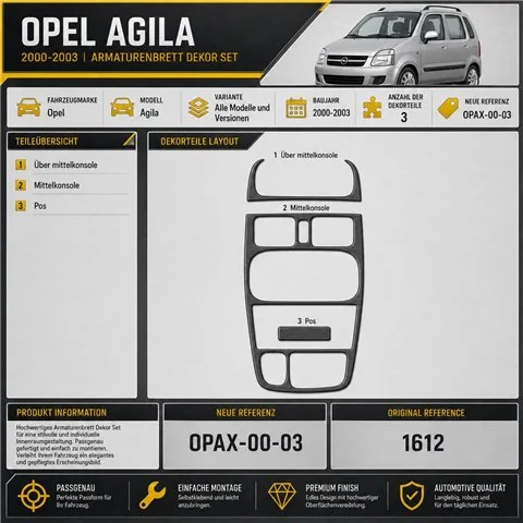 Opel Agila 2000-2003 3D kit décoration intérieure tableau de bord 3 pièces