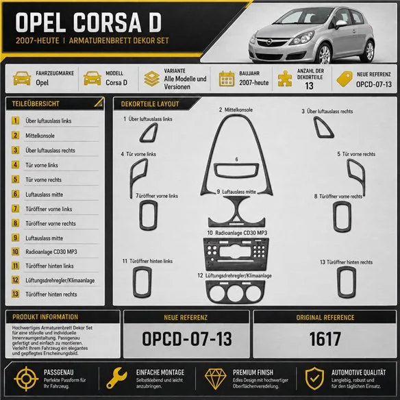 Opel Corsa D 2007 - à aujourd’hui 3D kit décoration intérieure tableau de bord 13 pièces