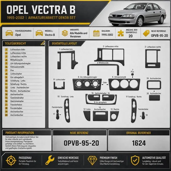 Opel Vectra B 1995-2002 3D kit décoration intérieure tableau de bord 20 pièces