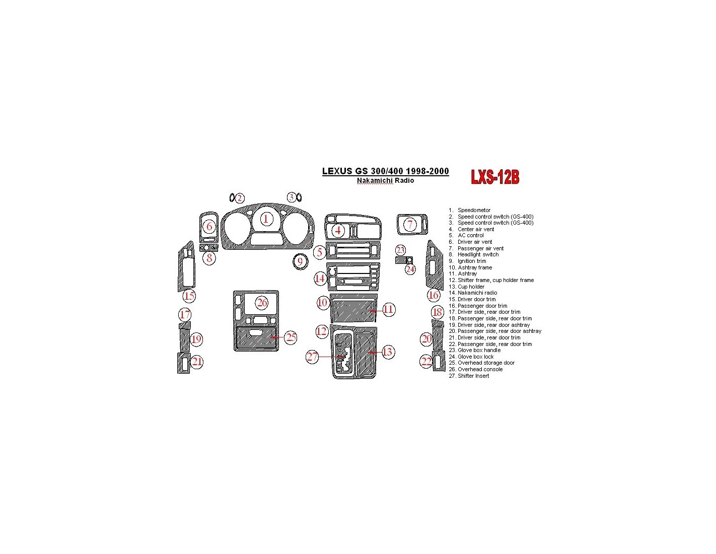 Lexus GS 1998-2000 Nakamichi Radio, OEM Compliance, 26 Parts set BD Kit la décoration du tableau de bord - 1 - habillage decor d