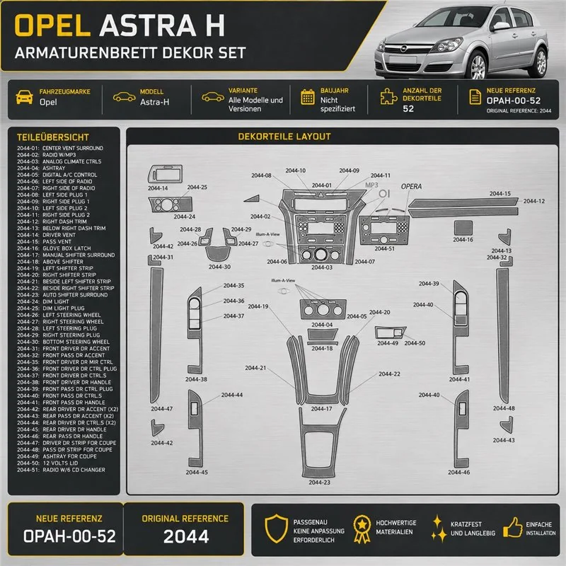 Opel Astra-H kit décoration intérieure tableau de bord 52 pièces
