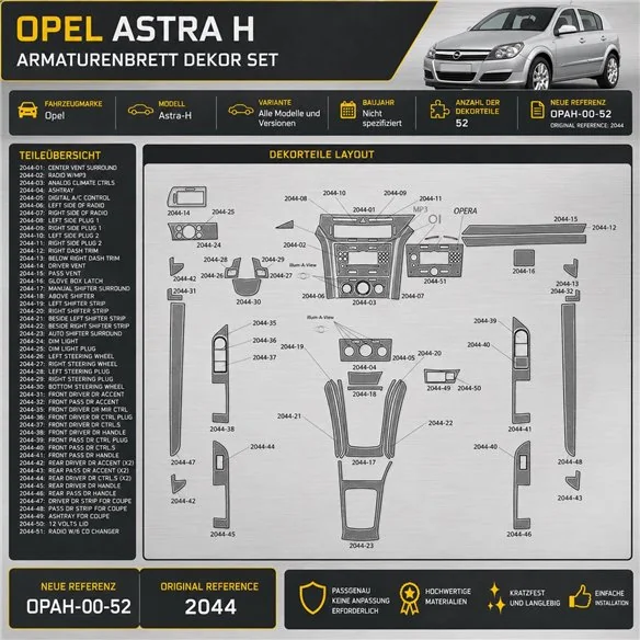 Opel Astra-H kit décoration intérieure tableau de bord 52 pièces