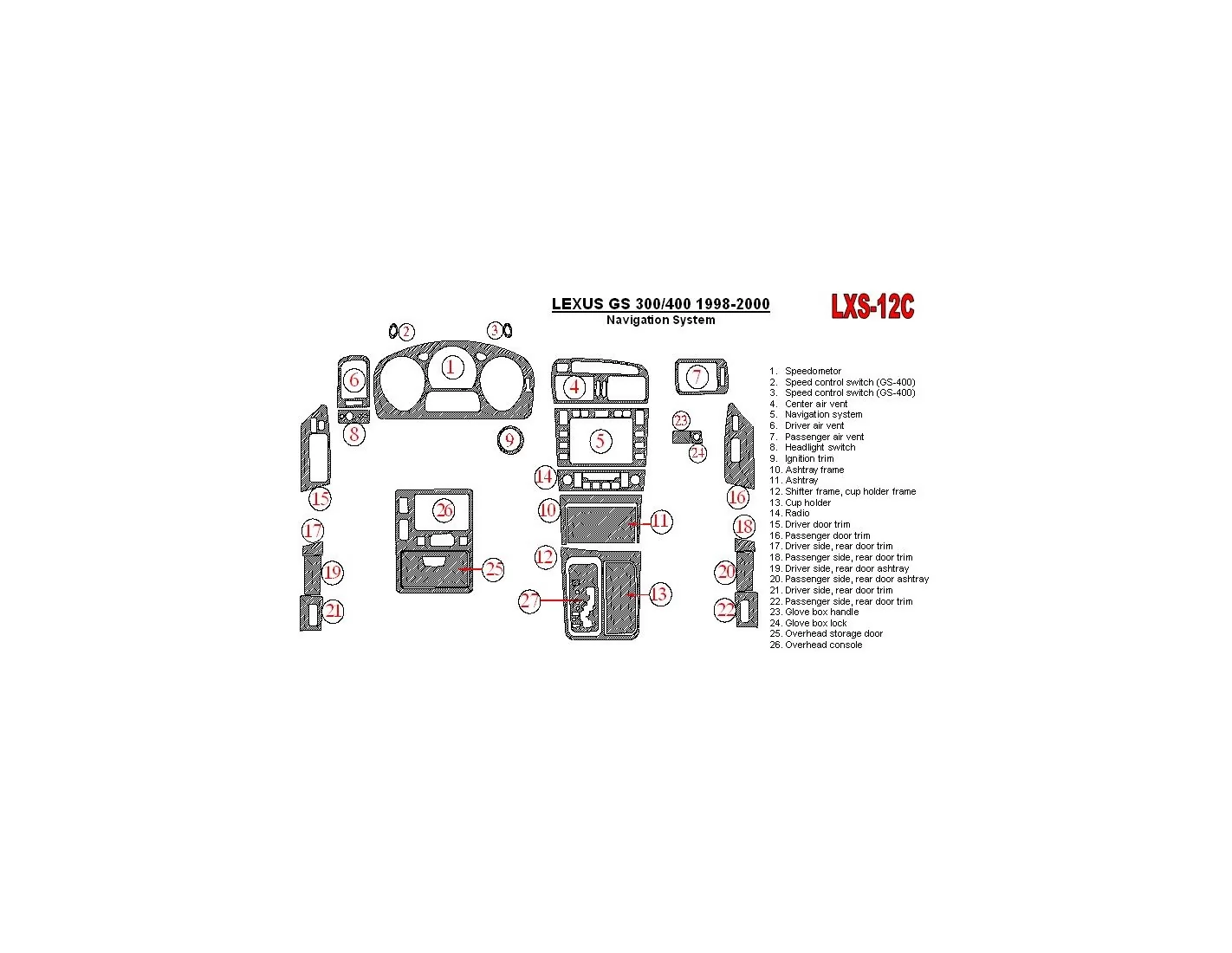 Lexus GS 1998-2000 Navigation system, OEM Compliance, 26 Parts set BD Kit la décoration du tableau de bord - 1 - habillage decor