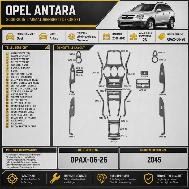 Opel Antara 2006-2015 kit décoration intérieure tableau de bord 26 pièces