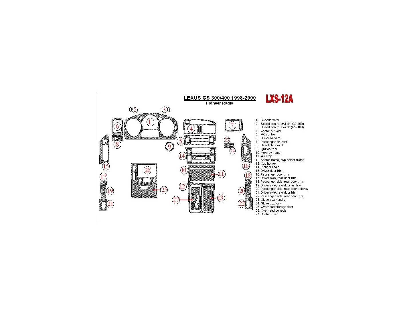 Lexus GS 1998-2000 Pioneer Radio, OEM Compliance,26 Parts set BD Kit la décoration du tableau de bord - 1 - habillage decor de t