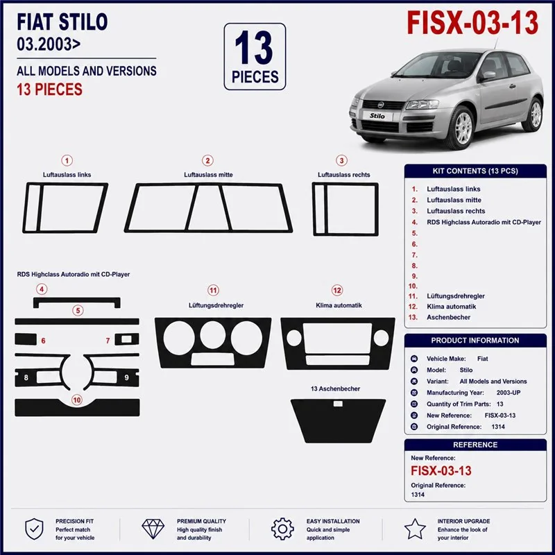 Fiat Stilo 2003+ kit décor tableau de bord 3D, 13 pièces