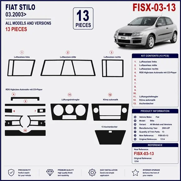 Fiat Stilo 2003+ kit décor tableau de bord 3D, 13 pièces