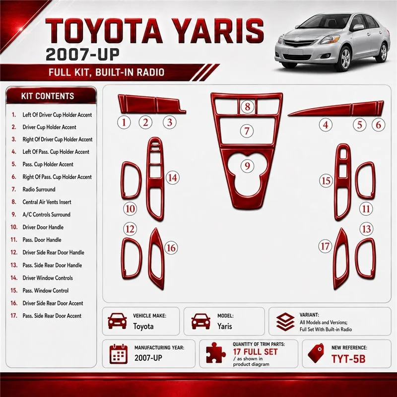 Toyota Yaris 2007 - à aujourd’hui kit complet avec Built-in Radio kit décoration intérieure tableau de bord