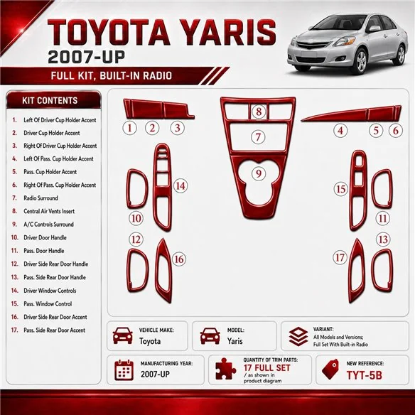 Toyota Yaris 2007 - à aujourd’hui kit complet avec Built-in Radio kit décoration intérieure tableau de bord