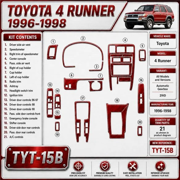 Toyota 4 Runner 1996-1998 boîte automatique, 2WD, 21 pièces kit décoration intérieure tableau de bord